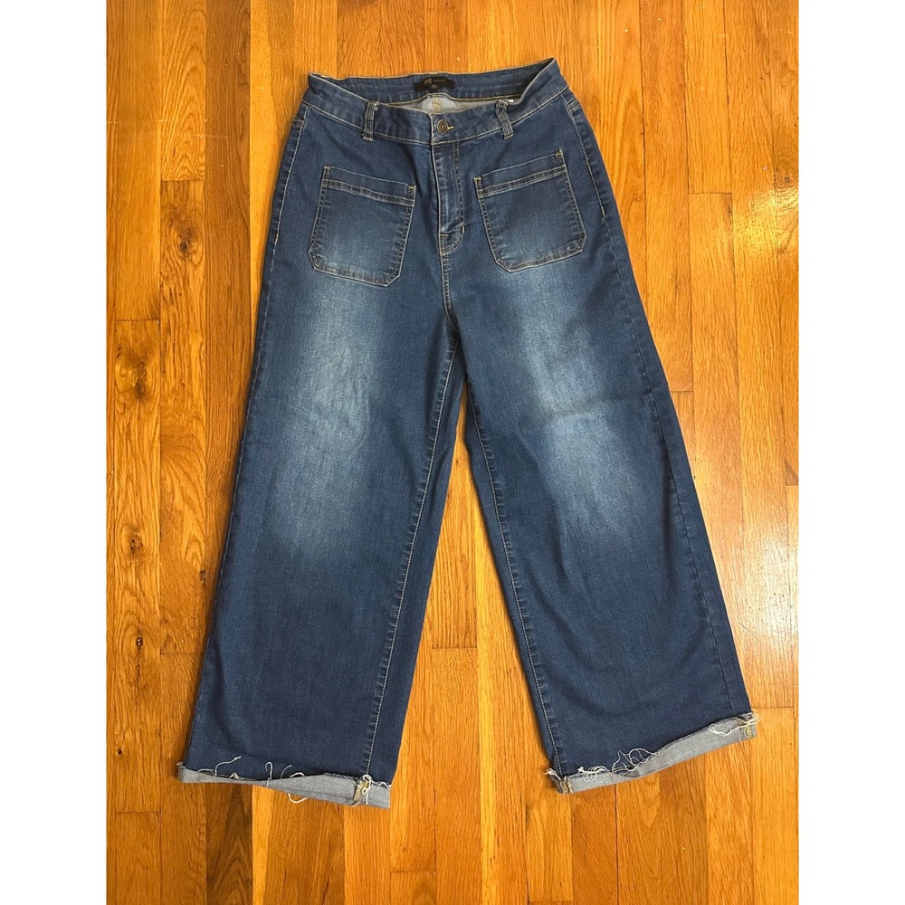 Frye Womens Wide Leg Crop Jeans Blue Stretch Denim Raw Hem Size 28